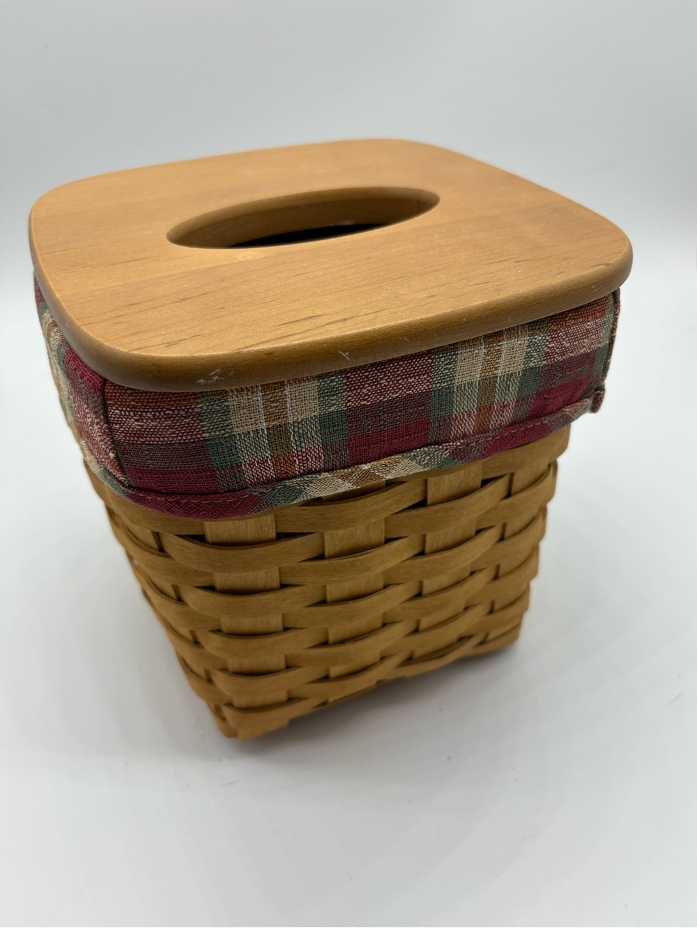 Longaberger Vintage Woven Wood Tissue Box Cover with Red Plaid Fabric Trim 2004